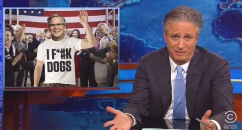 Jon Stewart skewers Jeb Bush: Name-dropping 'W' is like wearing an 'I F*ck Dogs' shirt