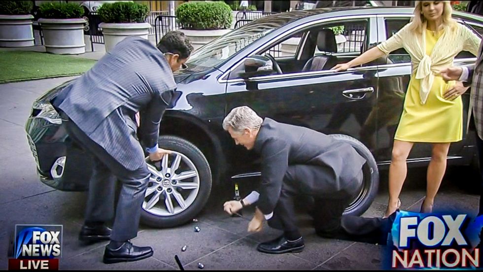Most painful 'Fox & Friends' segment ever? Hosts fail 'manhood' test after tire change ends in near disaster