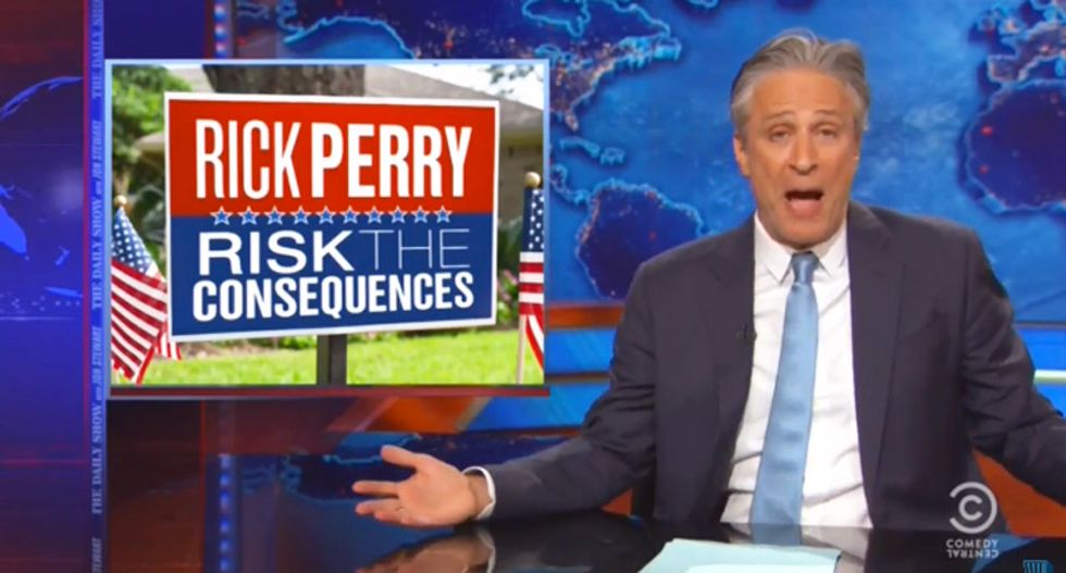 Jon Stewart welcomes Rick Perry to GOP race, waits for 'jar of mayonnaise' Jeb Bush to announce