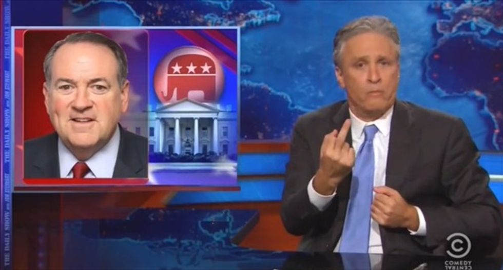 Jon Stewart silently skewers Mike Huckabee for using the Holocaust to bash Iran deal