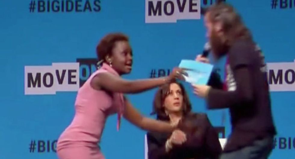 WATCH: Protester storms the stage and steals the mic from Kamala Harris at California Democratic Party convention
