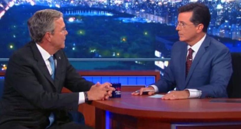 'It connotes excitement': Jeb Bush awkwardly explains campaign logo to Stephen Colbert