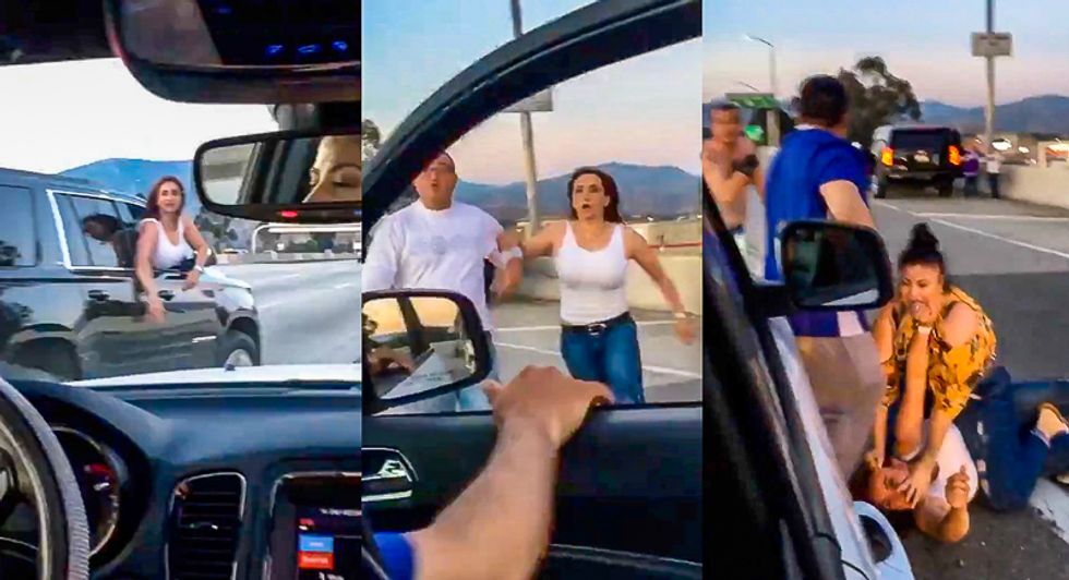 Video catches white couple getting butt kicking on freeway after calling Latino family 'beaners'
