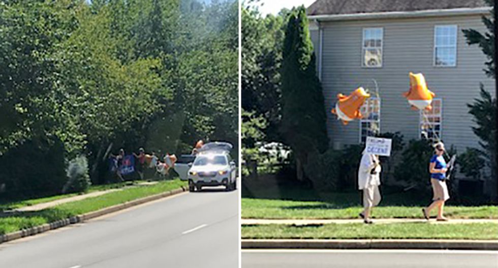 Protesters at Trump golf club greet presidential motorcade with cry-baby balloons and ‘Putin’s Apprentice’ signs