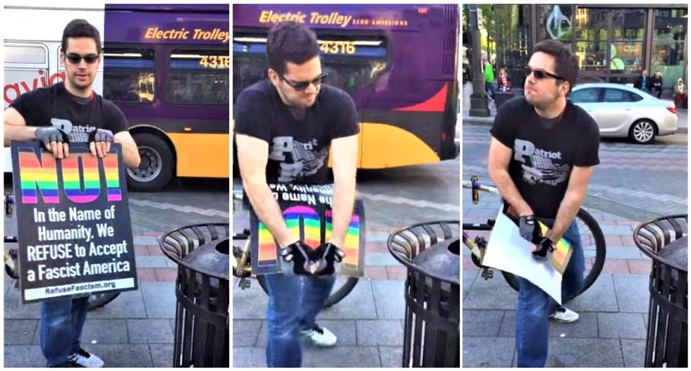 WATCH: Trump fan tries — and hilariously fails — to rip up ‘antifa’ sign as onlookers mock him