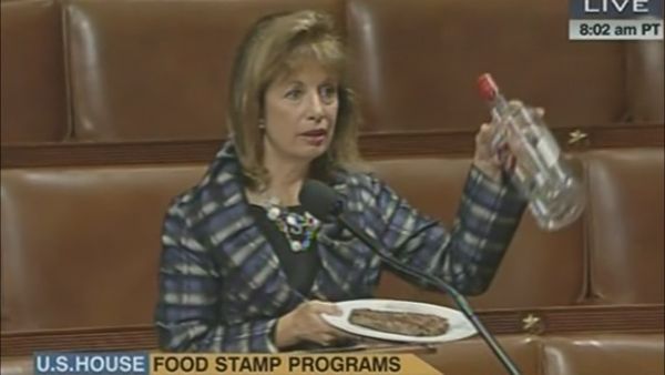 Rep. Speier holds up vodka and steak on House floor to shame food stamp opponents