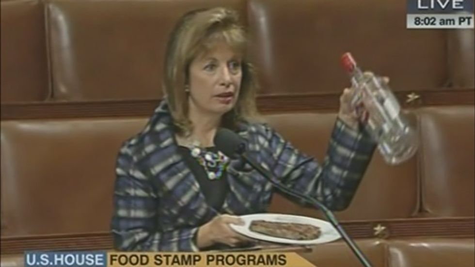 Rep. Speier holds up vodka and steak on House floor to shame food stamp opponents