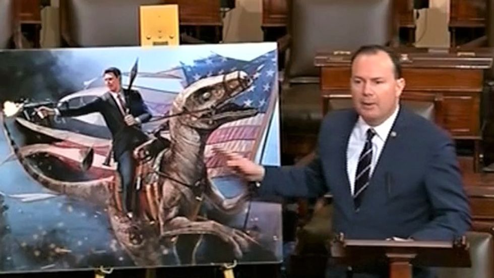 WATCH: GOP senator denounces Green New Deal using bizarre photo of Ronald Reagan riding a dinosaur