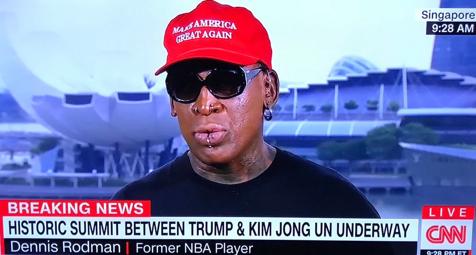 'I'm so happy!': Dennis Rodman bawls through ludicrous interview on North Korea while wearing a MAGA hat