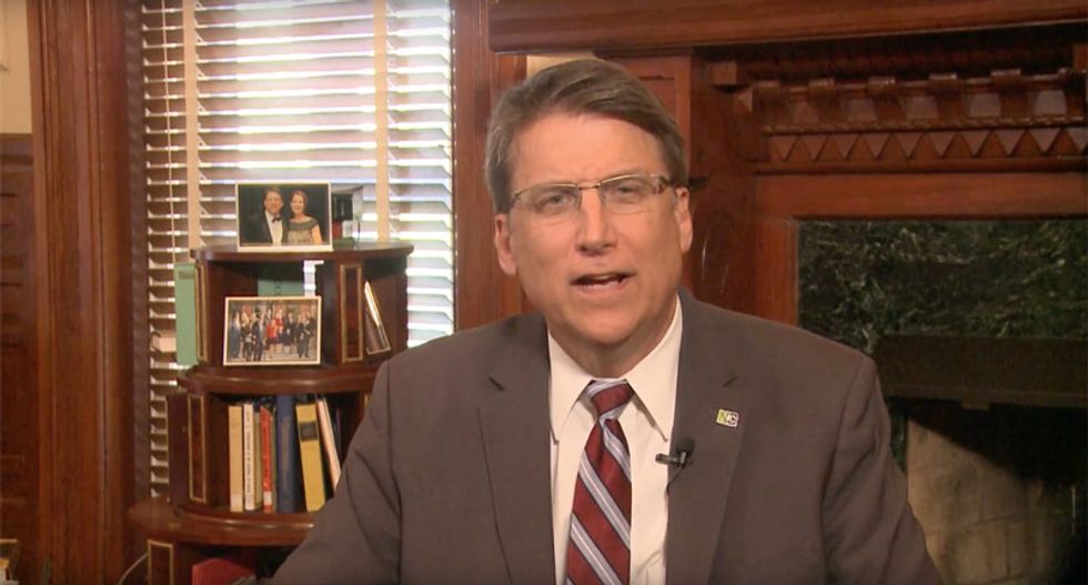 NC Gov. Pat McCrory 'jokes' about anti-trans bathroom law at Trump rally