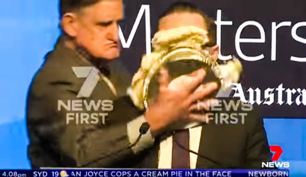 WATCH: Airline CEO takes a cream pie to the face in the middle of a speech