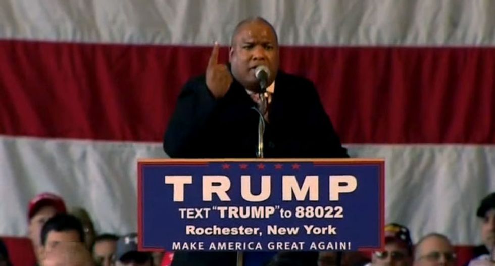 Black televangelist kicks off Donald Trump rally by claiming that black people don't exist