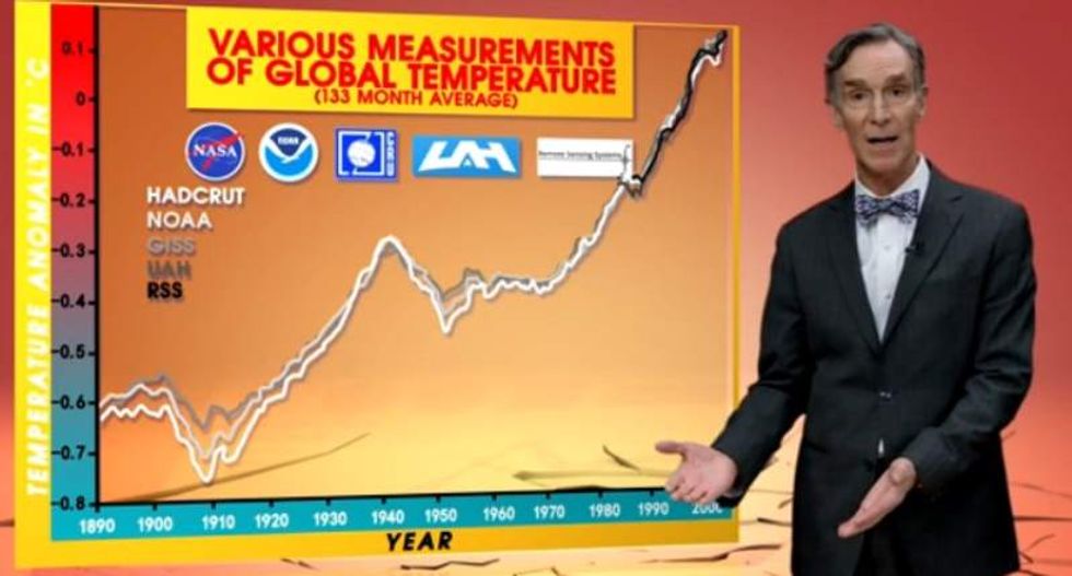 Bill Nye calls out climate-skeptic weatherman daring him to make a global warming 'forecast'
