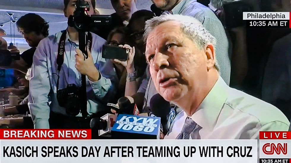 ‘I’m not desperate, are you?’: Watch John Kasich snap at reporters after teaming up with Cruz