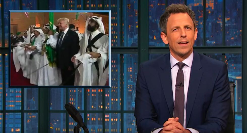 'Like watching grandpa do the Electric Slide at a wedding': Seth Meyers mocks Trump's klutzy Saudi sword dance