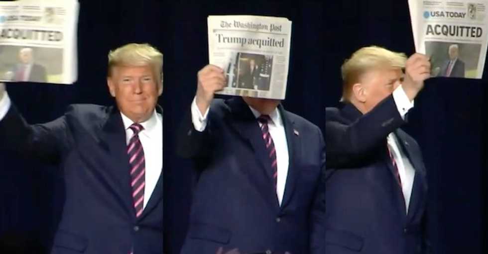 At National Prayer Breakfast Trump waves newspaper to brag about acquittal while Pelosi delivers prayer for poor and persecuted