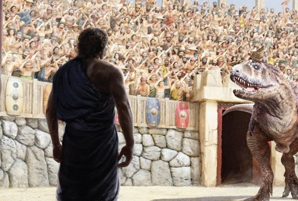 New creationist book features gladiator match between Noah and a tyrannosaurus rex