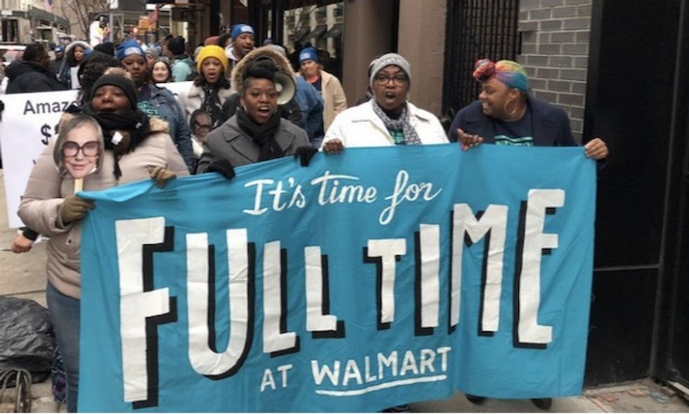Walmart workers demand fair pay and hours at protest outside Alice Walton's penthouse as retail giant cuts jobs