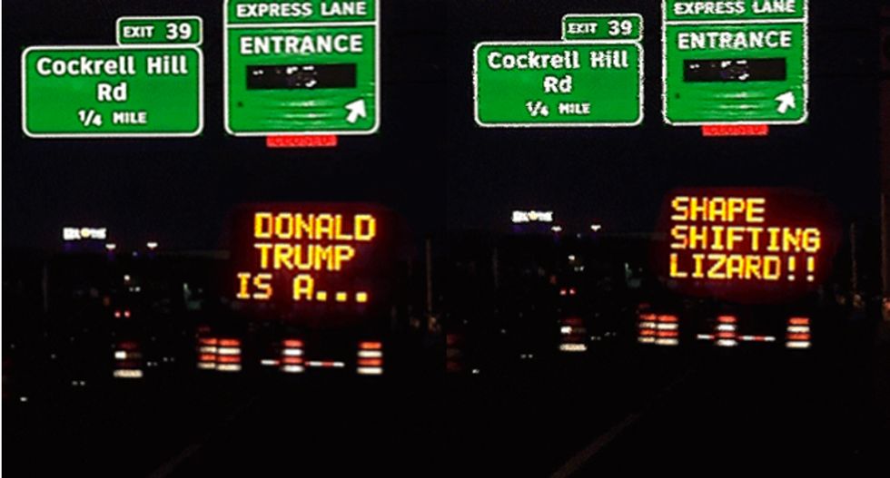 Texas road signs hacked to warn ‘Donald Trump is a shape-shifting lizard’
