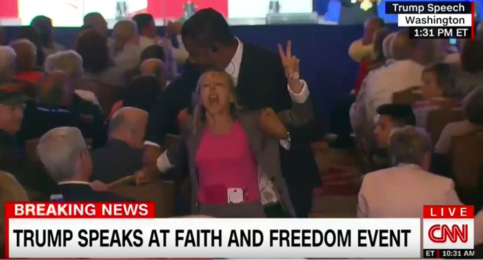 WATCH: Trump heckled at Faith and Freedom Conference as he tries to woo evangelicals