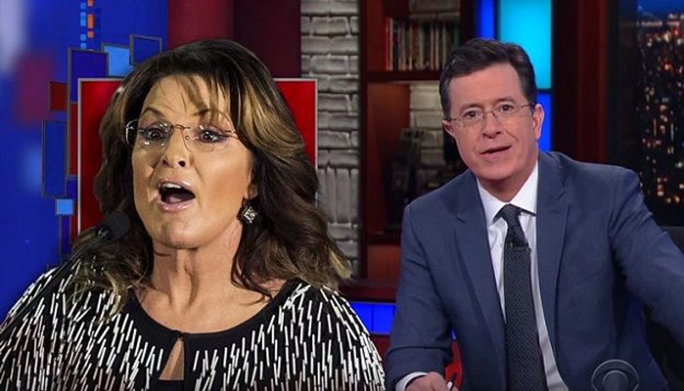 WATCH: Stephen Colbert perfectly parodies Sarah Palin’s nonsensical ‘head-trauma’ word salad