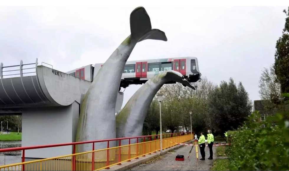 Saved by a whale: Sculpture stops runaway Dutch train from plunging into water