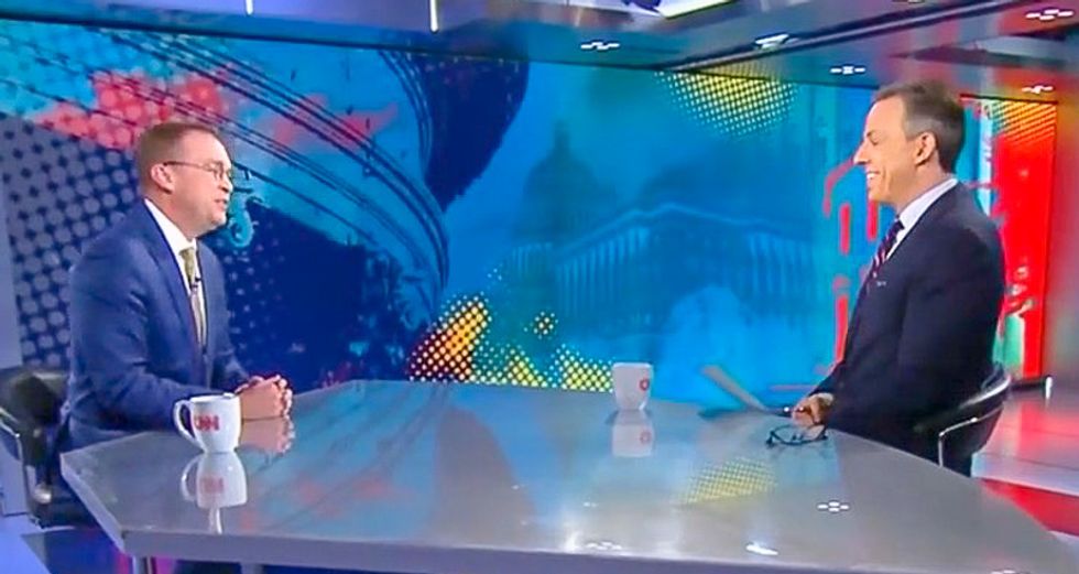 WATCH: Jake Tapper laughs in Mick Mulvaney's face after he says nobody 'blames the president' for debasing politics