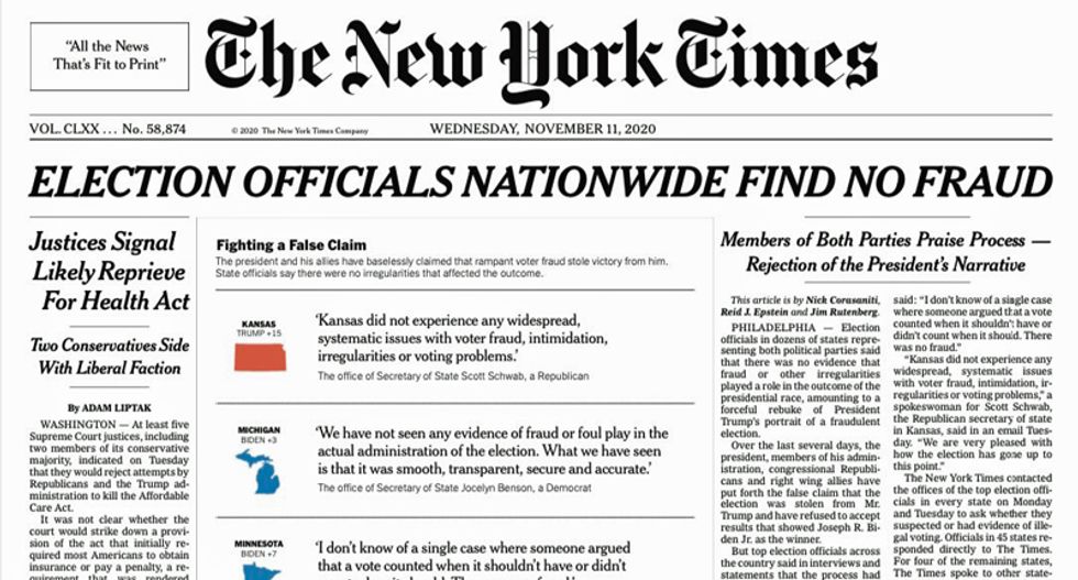 NYT shuts down Trump with epic front page banner: 'ELECTION OFFICIALS NATIONWIDE FIND NO FRAUD'
