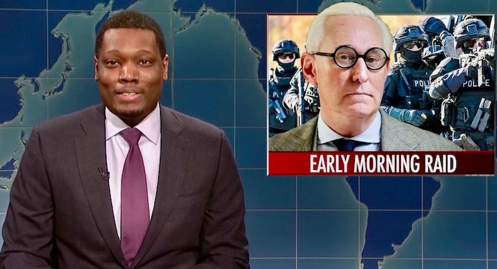 'Give him the works!': SNL's Michael Che reacts with glee to 'excessive' arrest of Roger Stone