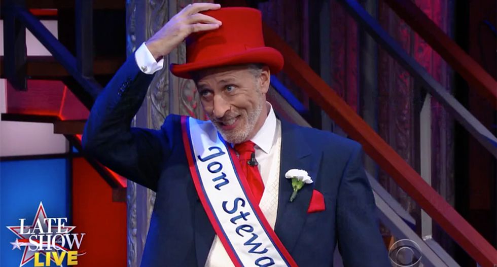 He's back!: Jon Stewart visits Colbert to trash 'draft-dodging orange groundhog' Donald Trump