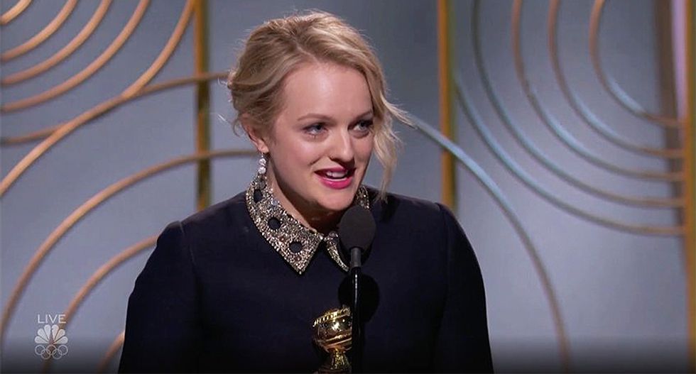 WATCH: Elisabeth Moss dedicates 'Handmaid's Tale' Golden Globe to Margaret Atwood and the women of #MeToo