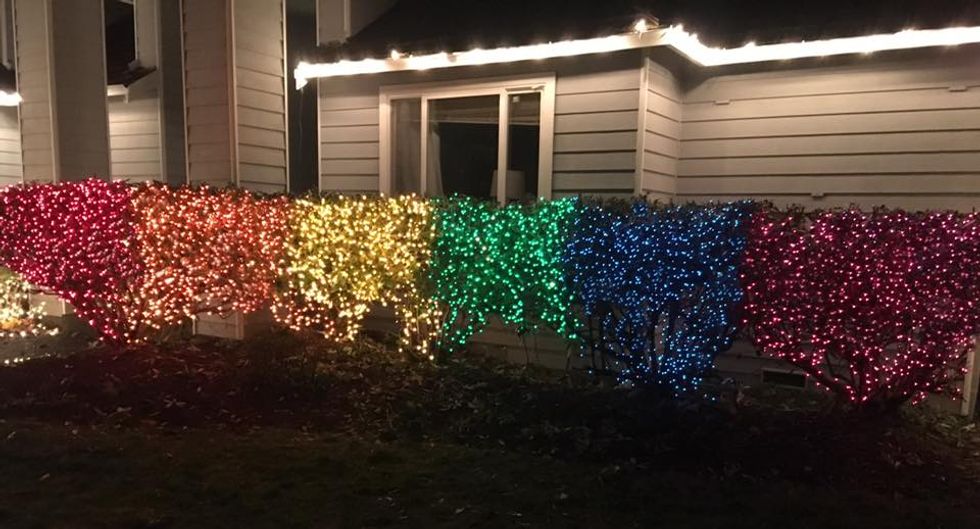 Washington woman's rainbow flag Christmas light display is perfect response to anti-LGBT neighbor
