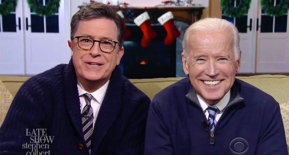 Watch Stephen Colbert and Joe Biden’s hilarious 'dad pep talk' with voters disappointed Trump won
