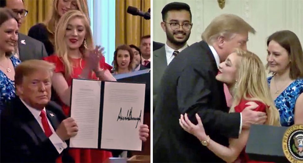 Internet cringes after Trump kisses young blonde college woman at signing ceremony: ‘Not enough ewww in the world for this’