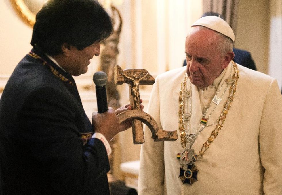 Bolivia's president presents pope with bizarre-looking hammer and sickle crucifix