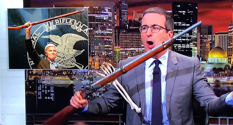 John Oliver pried the gun from Charlton Heston's cold dead hands -- then he ripped the NRA to shreds