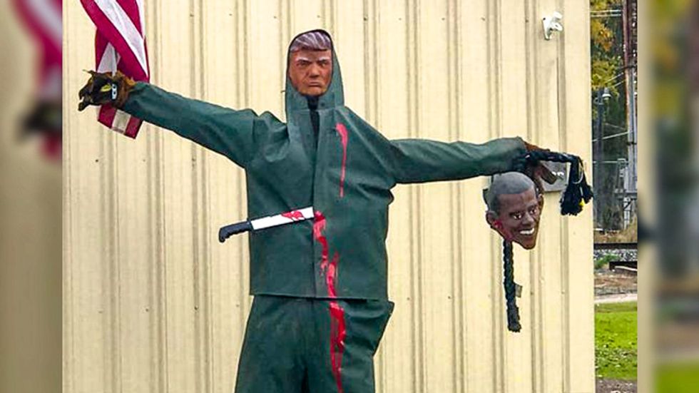 Michigan shop owner says he's not racist after Halloween display shows Trump holding Obama's head on a rope