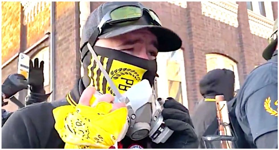 Proud Boy goes viral for saying 'I’m kinda dumb' as he is confronted over 'Right Wing Death Squad' patch