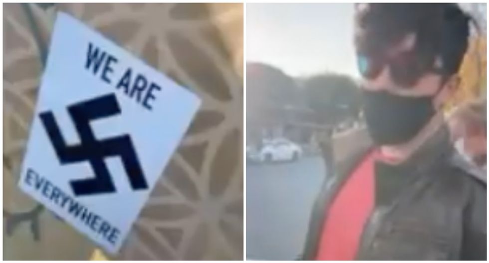 WATCH: Neo-Nazi begs man to stop filming after he gets caught putting up swastika stickers