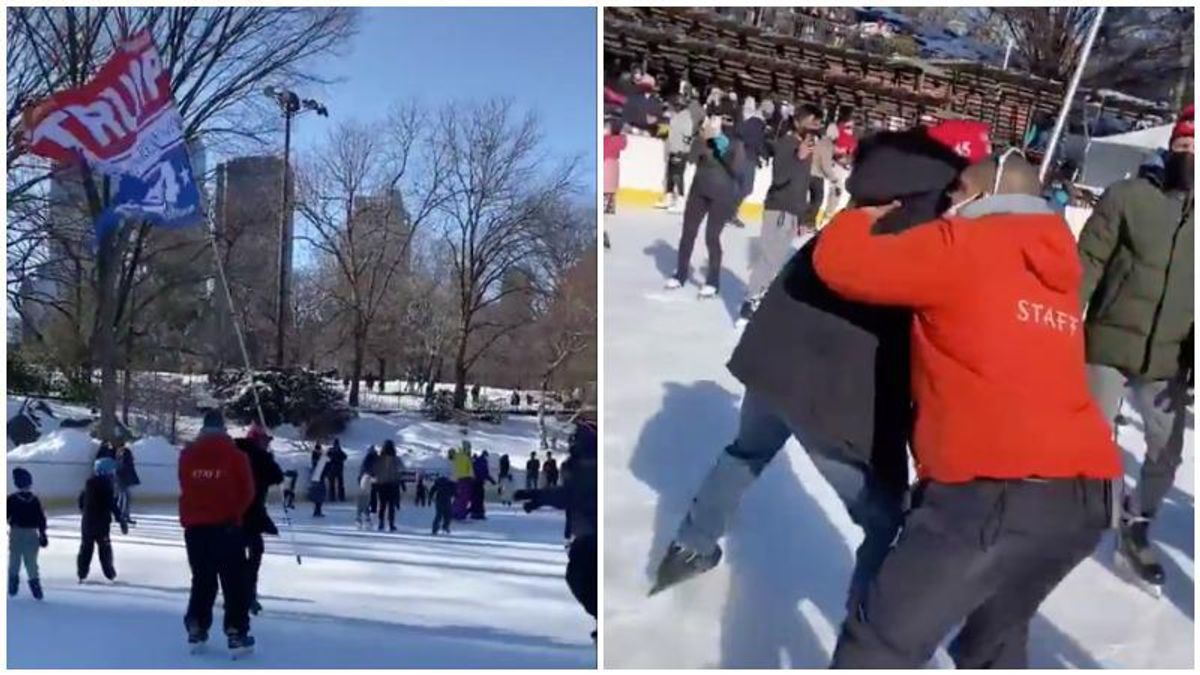 VIDEO: Onlookers cheer as man flying giant 'Trump 2024' flag at Central Park skating rink gets taken down