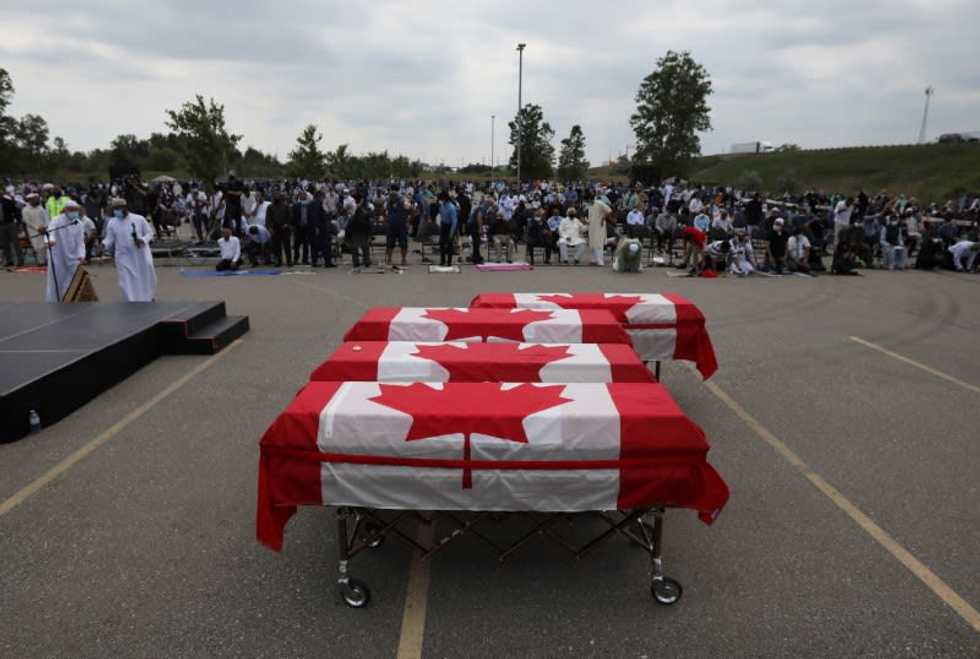 Muslim victims of truck attack given farewell with coffins draped in Canadian flags