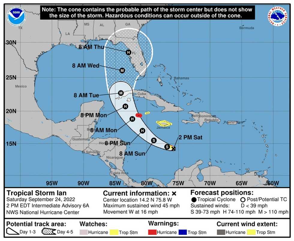 Path shifts northwest on growing Tropical Storm Ian, still could strike Florida as hurricane