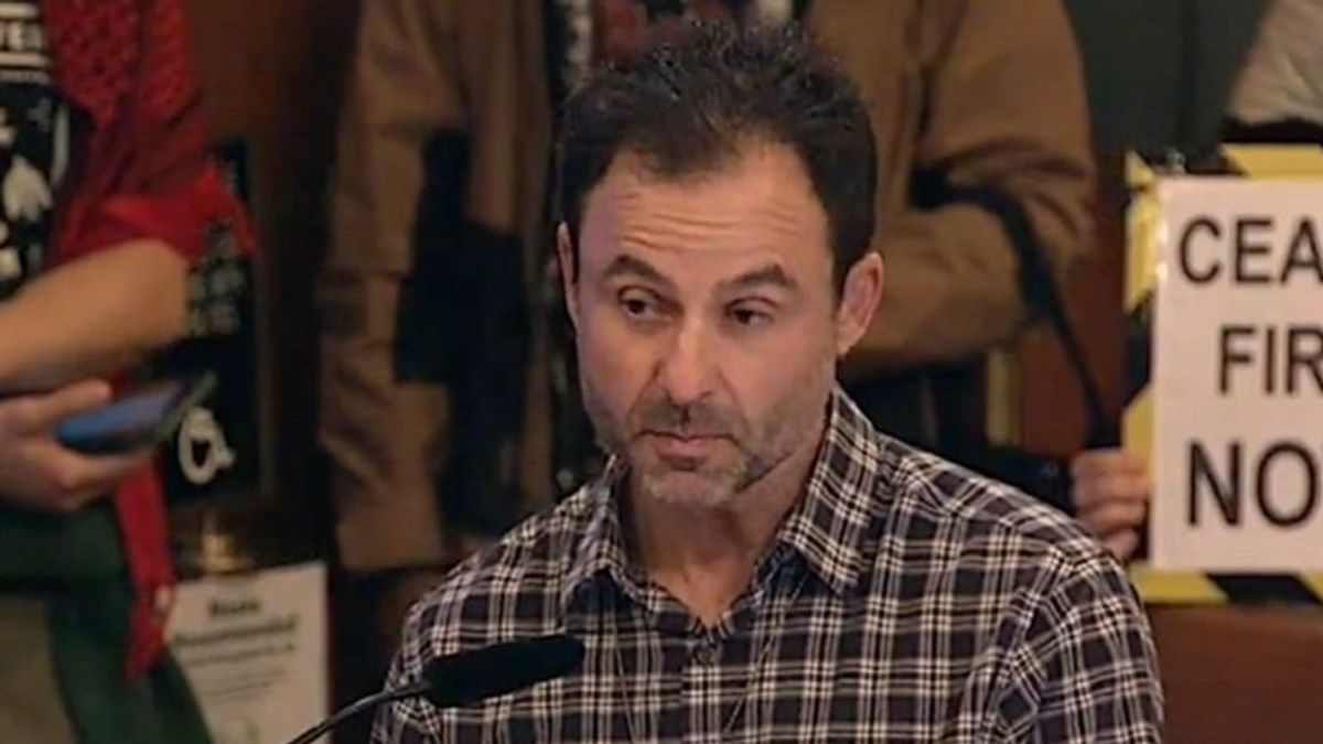 Watch: Activists jeer Jewish man as he describes family lost in Israel on Oct. 7