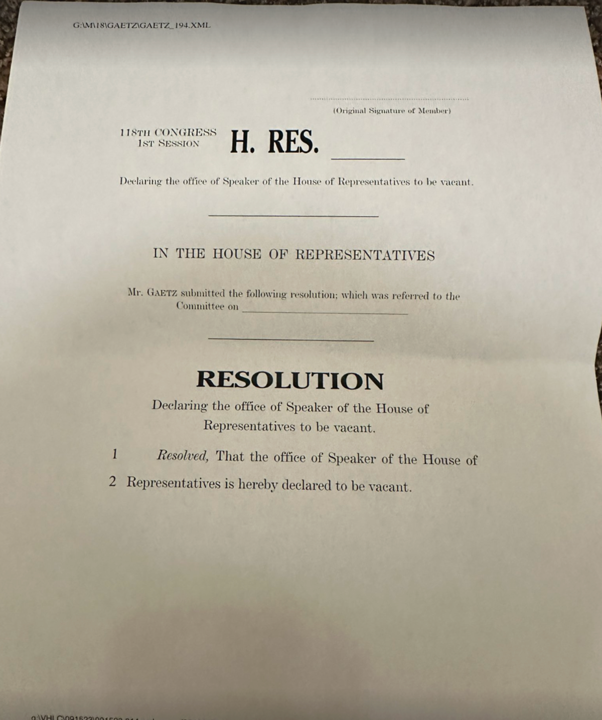 Matt Gaetz motion to remove Kevin McCarthy found discarded in House restroom