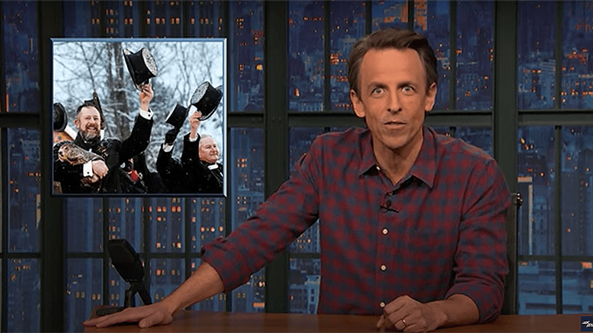 Seth Meyers says it's hard to mock Marjorie Greene when people listen to a stupid groundhog about the weather