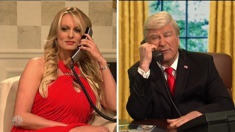 Watch: Stormy Daniels appears on Saturday Night Live's cold open as Cohen and Trump try to get their lies straight