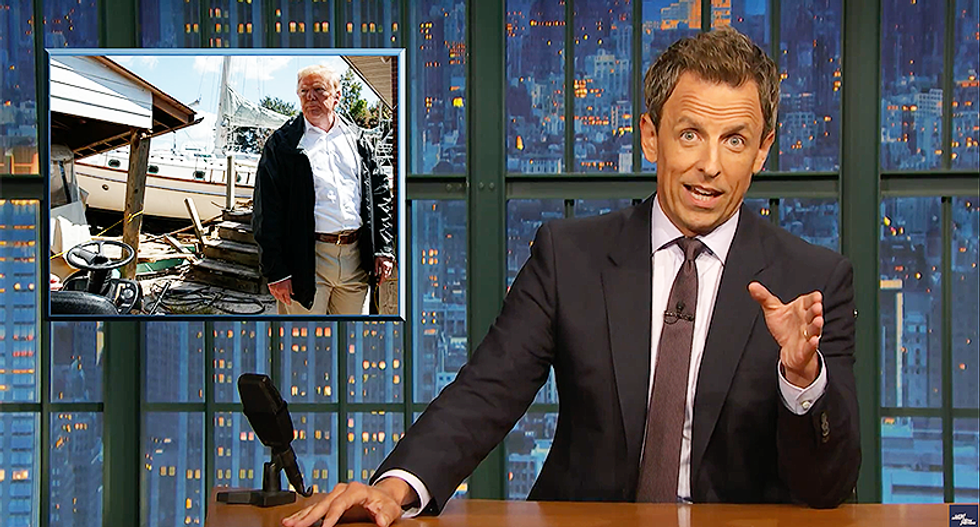 Seth Meyers ridicules Trump for 'weird' visit to Carolinas: 'He thinks if a boat shows up on your lawn you get to keep it!'
