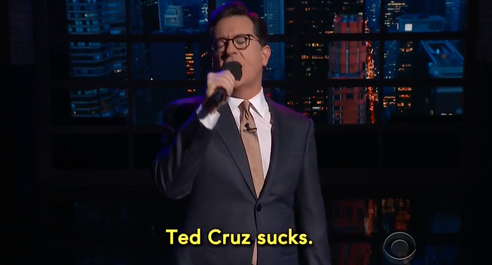 ‘Also Ted Cruz sucks’: Stephen Colbert offers GOP senator jingle advice over 'hypocritical' campaign ad