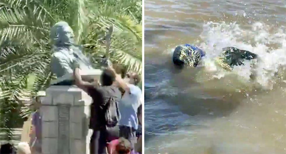 WATCH: Protesters fell statue using rope and a skateboard -- and throw it in the Mississippi River