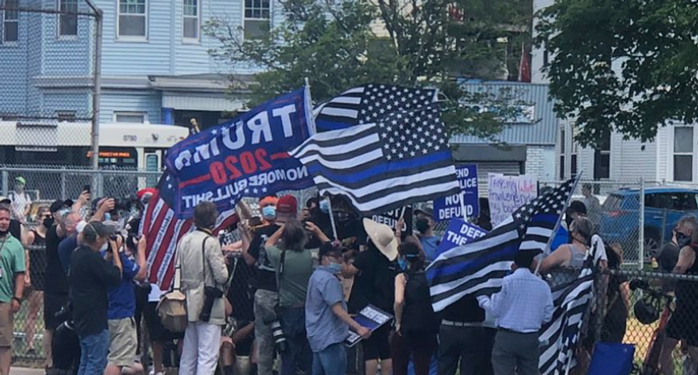 Trump supporters waving 'Thin Blue Line' flags protest Juneteenth ceremony in Boston